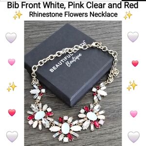 Bib Front White, Pink, Clear, and Red Rhinestone Flowers Necklace